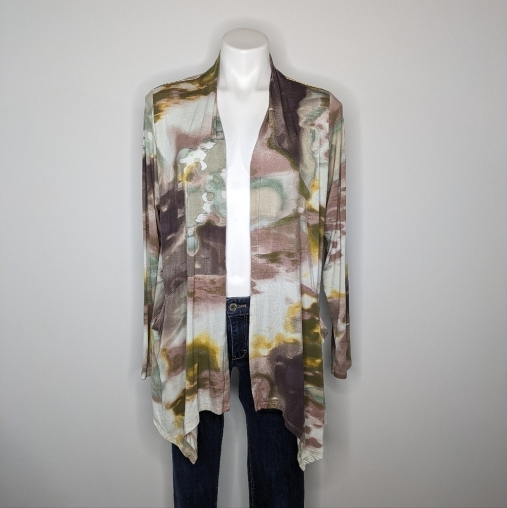 LOGO Lori Goldstein abstract neutral tones open cardigan M